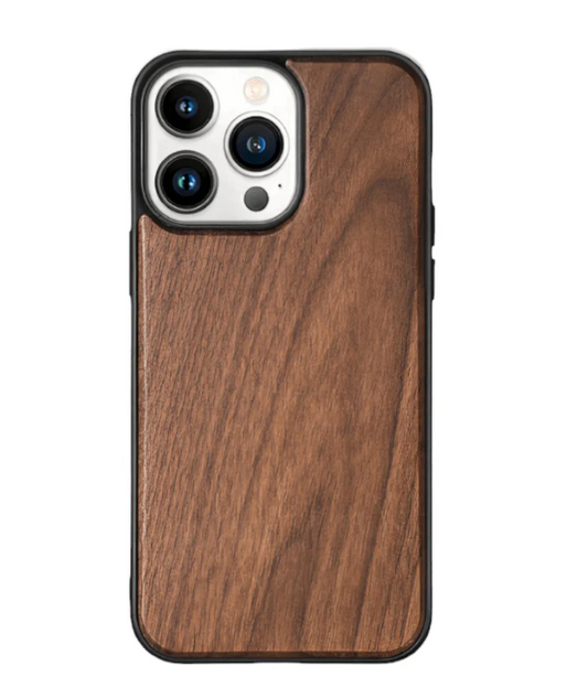 A wooden phone cover in walnut color.