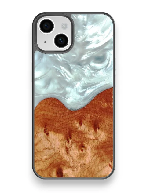 A wood and resin phone case in white and brown.