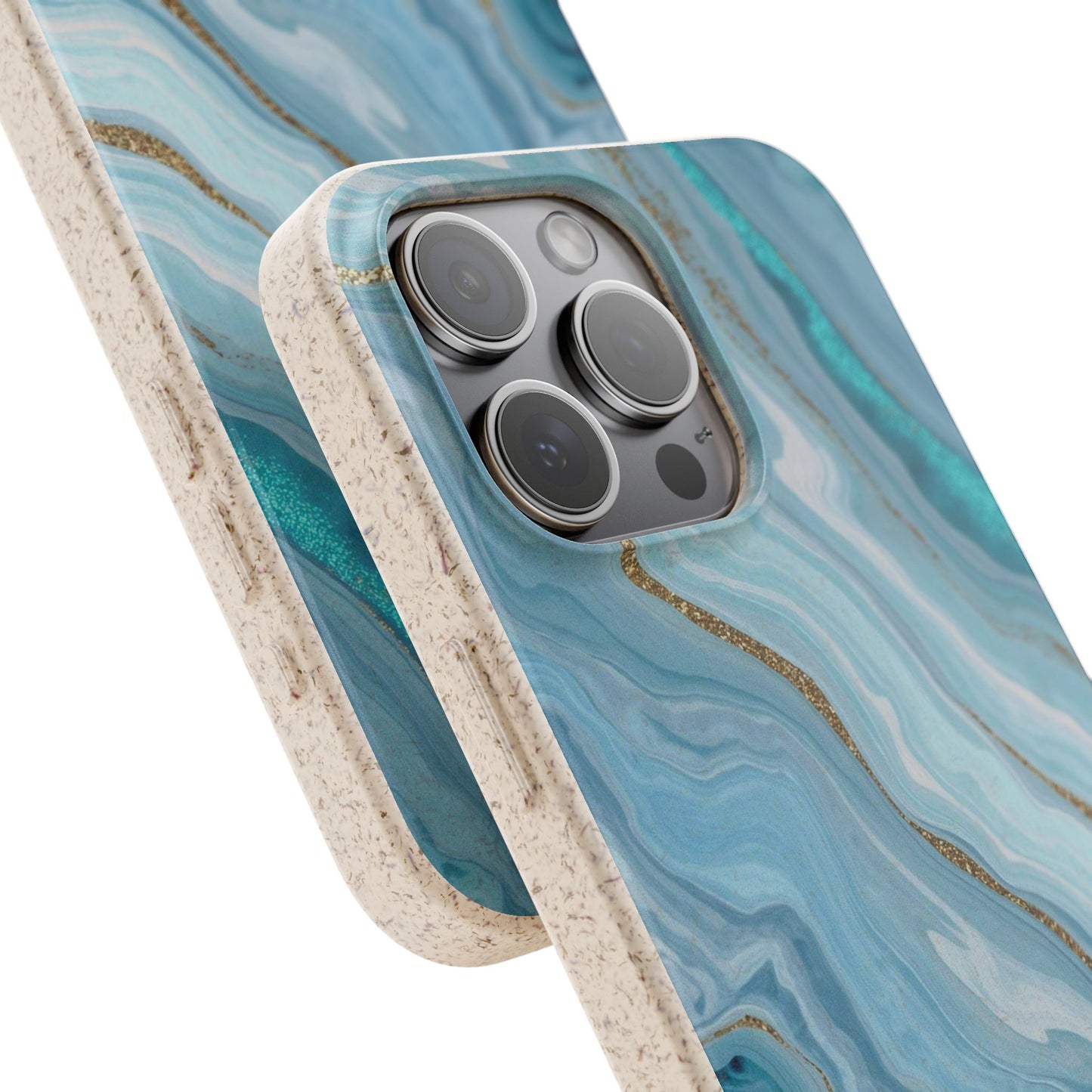 Phone case with blue and gold marbled design on a white background