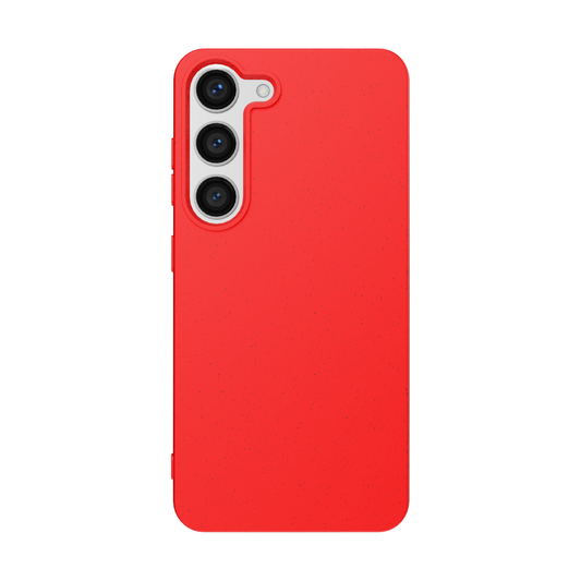A red, solid color Samsung phone case with a raised rim  design  and a textured matte surface