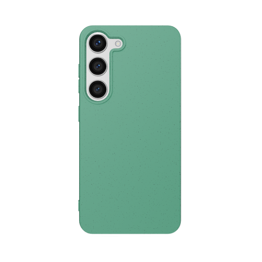 A green, solid color Samsung phone case with a raised rim  design  and a textured matte surface