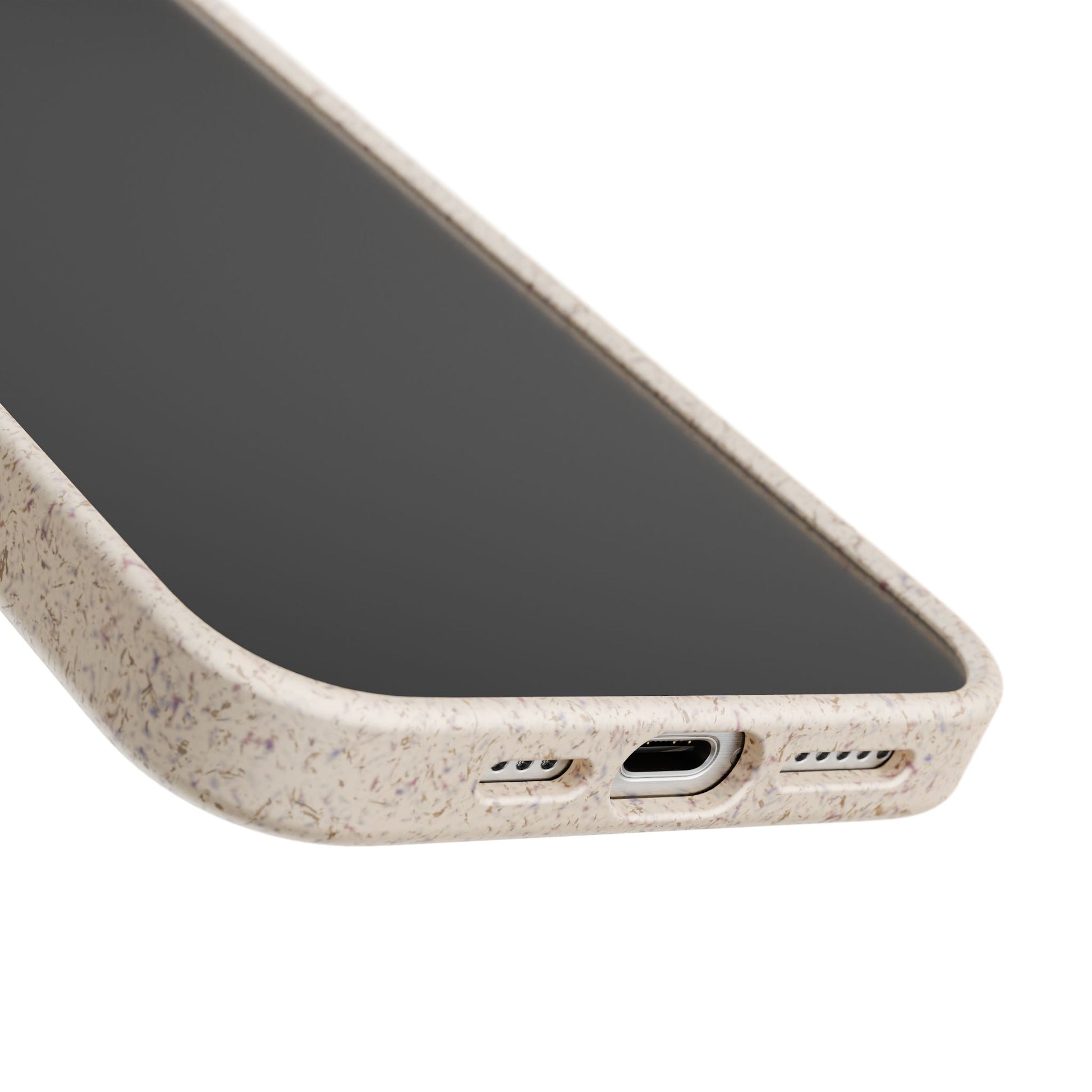 Close-up of a phone case with a natural fiber texture on a white background