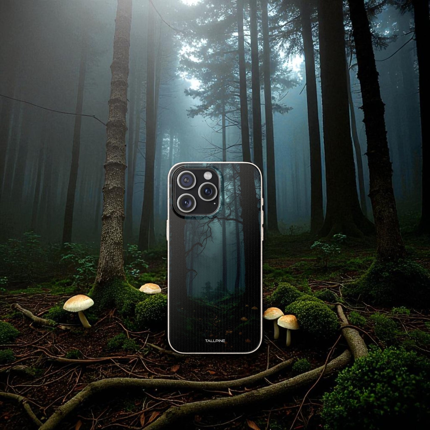 Phone case with forest design displayed in a misty forest setting