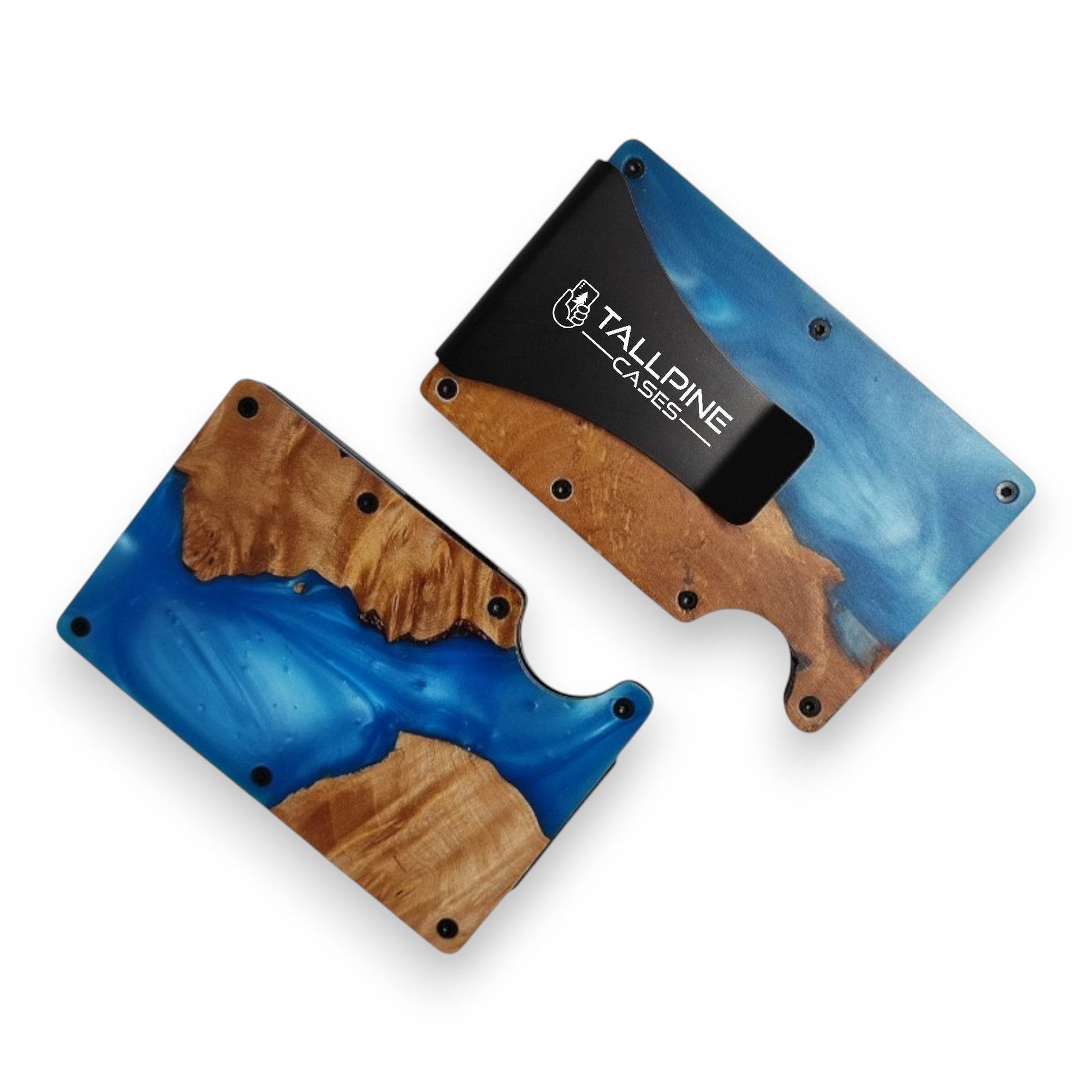 Two card holders with blue and brown design on a white background, featuring the Tallpine Cases brand.