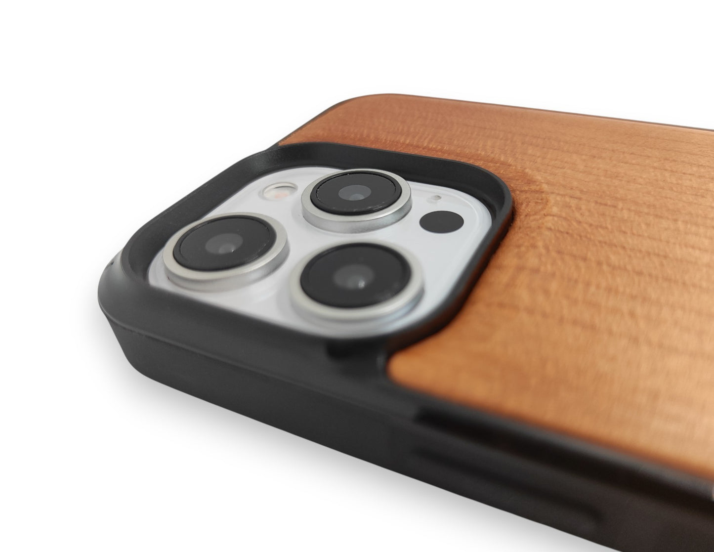 Close-up of a phone case with camera module on a white background