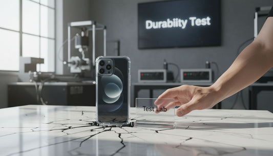 Smartphone in rugged case on cracked marble table