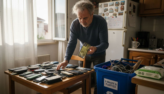 Man sorting phone cases for recycling