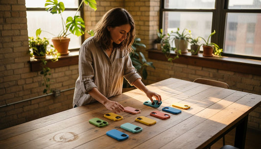 Woman compares eco-friendly phone cases on wood table