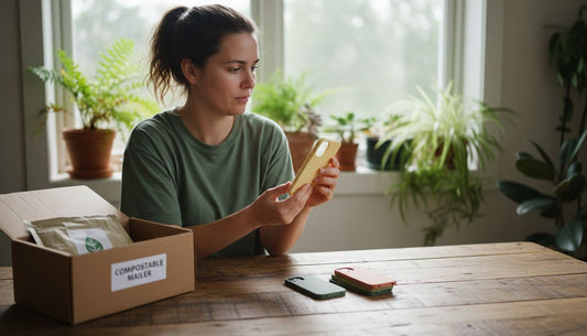 Woman examines eco-friendly phone case at sunlit table
