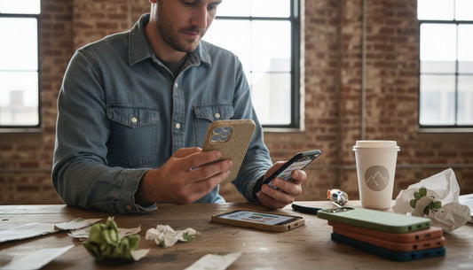 Person examining compostable phone case at desk