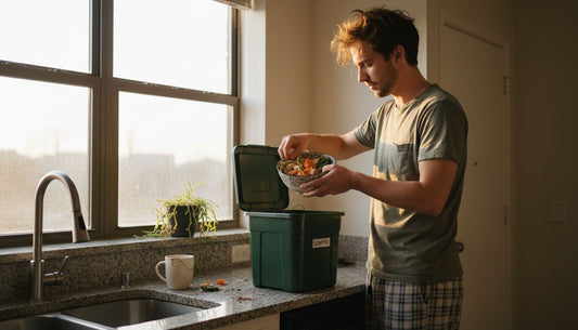 Man composting food scraps in kitchen