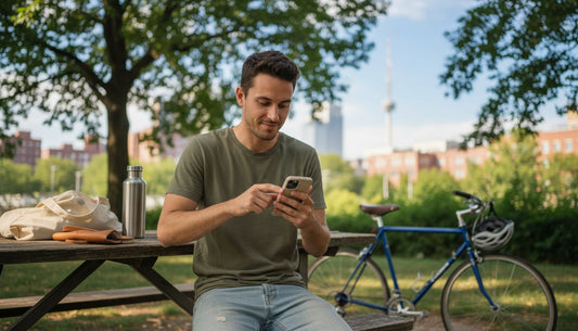 Eco-minded man using compostable phone case outdoors