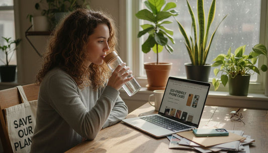 Browsing eco phone cases at kitchen table