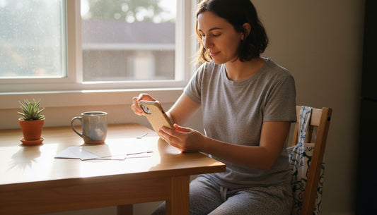 Woman with compostable phone case at home table