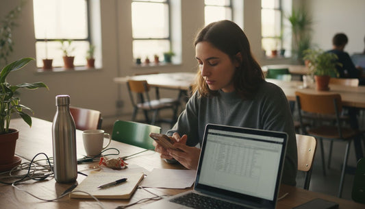 Woman using eco phone case at coworking desk