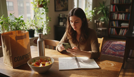 Placing compostable phone case in sunny kitchen