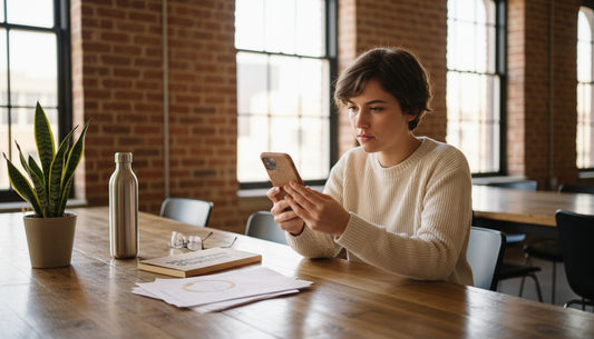 Professional examining eco-friendly phone case at coworking table
