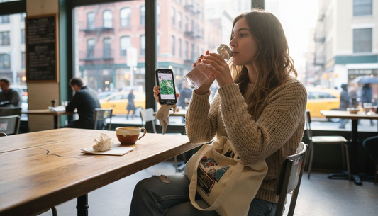 Woman using eco phone case in city café