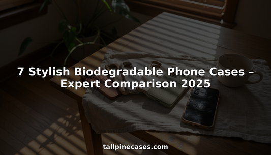 Array of stylish biodegradable phone cases on pine table
