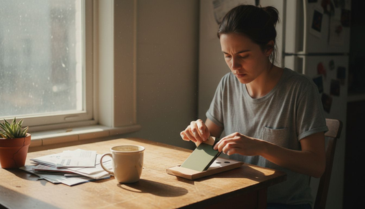 Woman unboxing compostable phone case at kitchen table