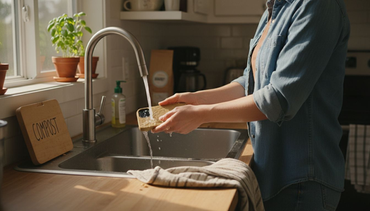 Washing compostable phone case at kitchen sink