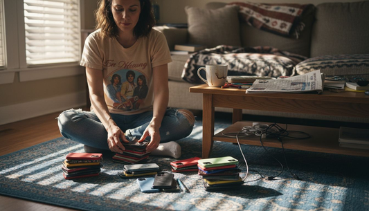 Woman sorting old phone cases in living room