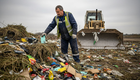 Discarded plastic phone cases in landfill pile