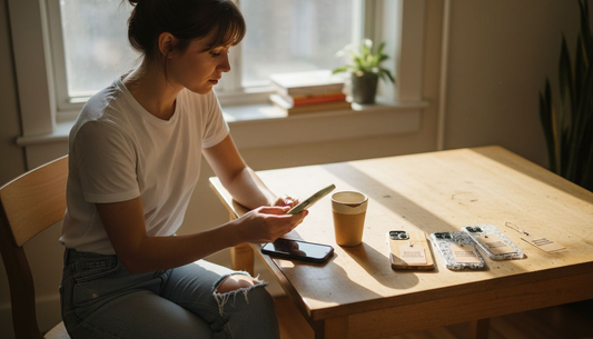 Woman examining eco-friendly phone cases at kitchen table