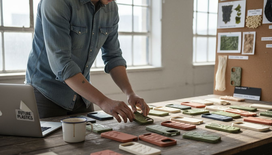 Designer examines bioplastic phone cases on table