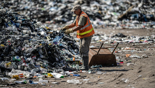 Worker sorting phone cases at landfill