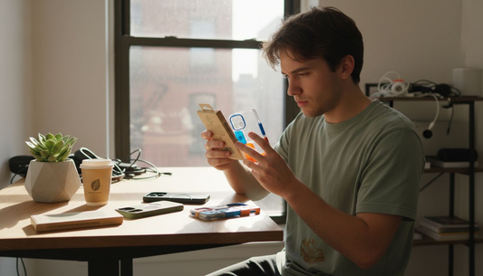 Person comparing eco-friendly phone cases at home desk