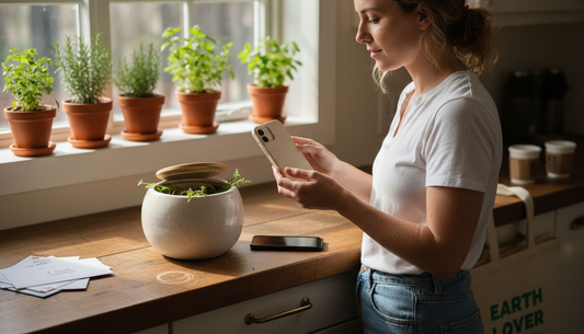 Woman examines compostable phone case by compost bin