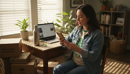 Woman examining compostable phone case at desk