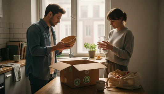 Couple checking eco-labeled kitchenware in apartment