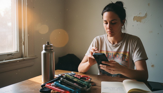 Woman fits durable case on smartphone