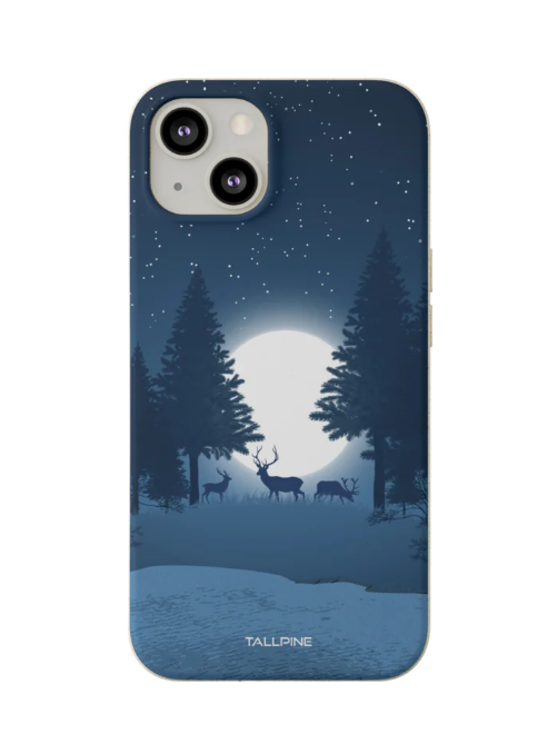 A renewable phone cover by Tallpine Cases showing a dark blue forest in the woods. 