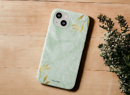 Light green marble print phone case with gold leaves