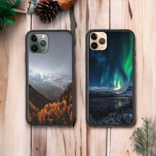 Two iPhones in wooden cases