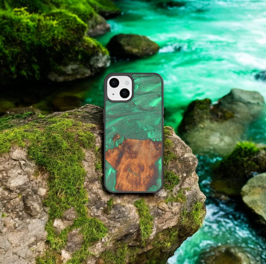 A wood and resin phone case in emerald green color.