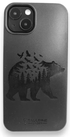 Black compostable phone case with raised forest animal engraving.