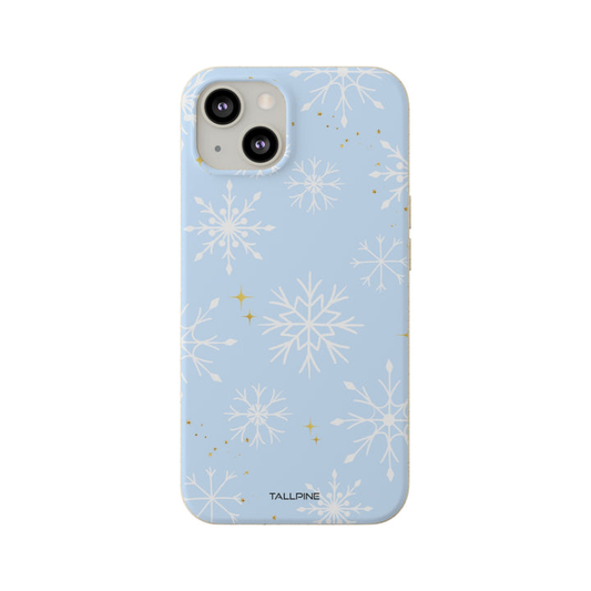 Blue phone case with white snowflake print by Tallpine Cases