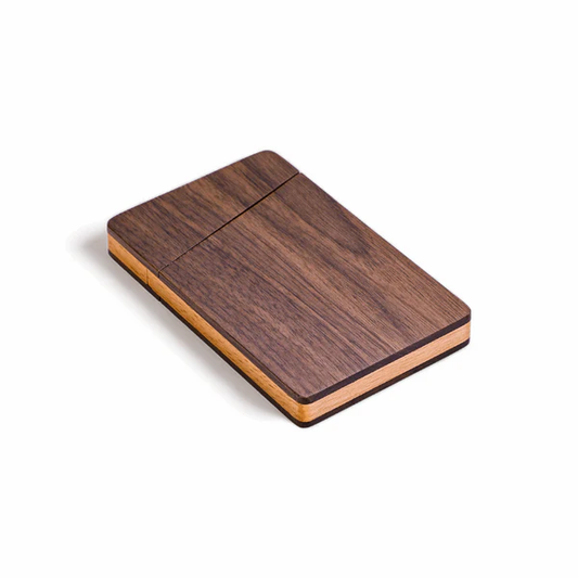 A wooden business card holder