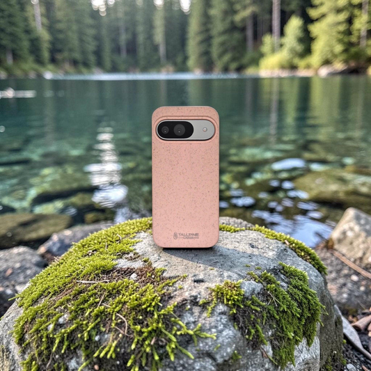 a Google Pixel with a pink biodegradable case