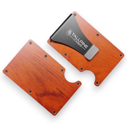 A wooden card holder by Tallpine Cases