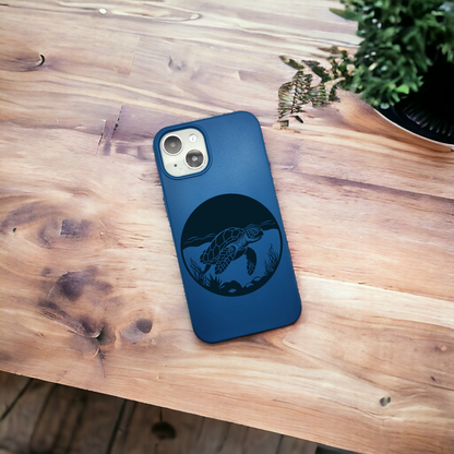 Compostable iPhone Case - Neptune Blue - Engraved Turtle