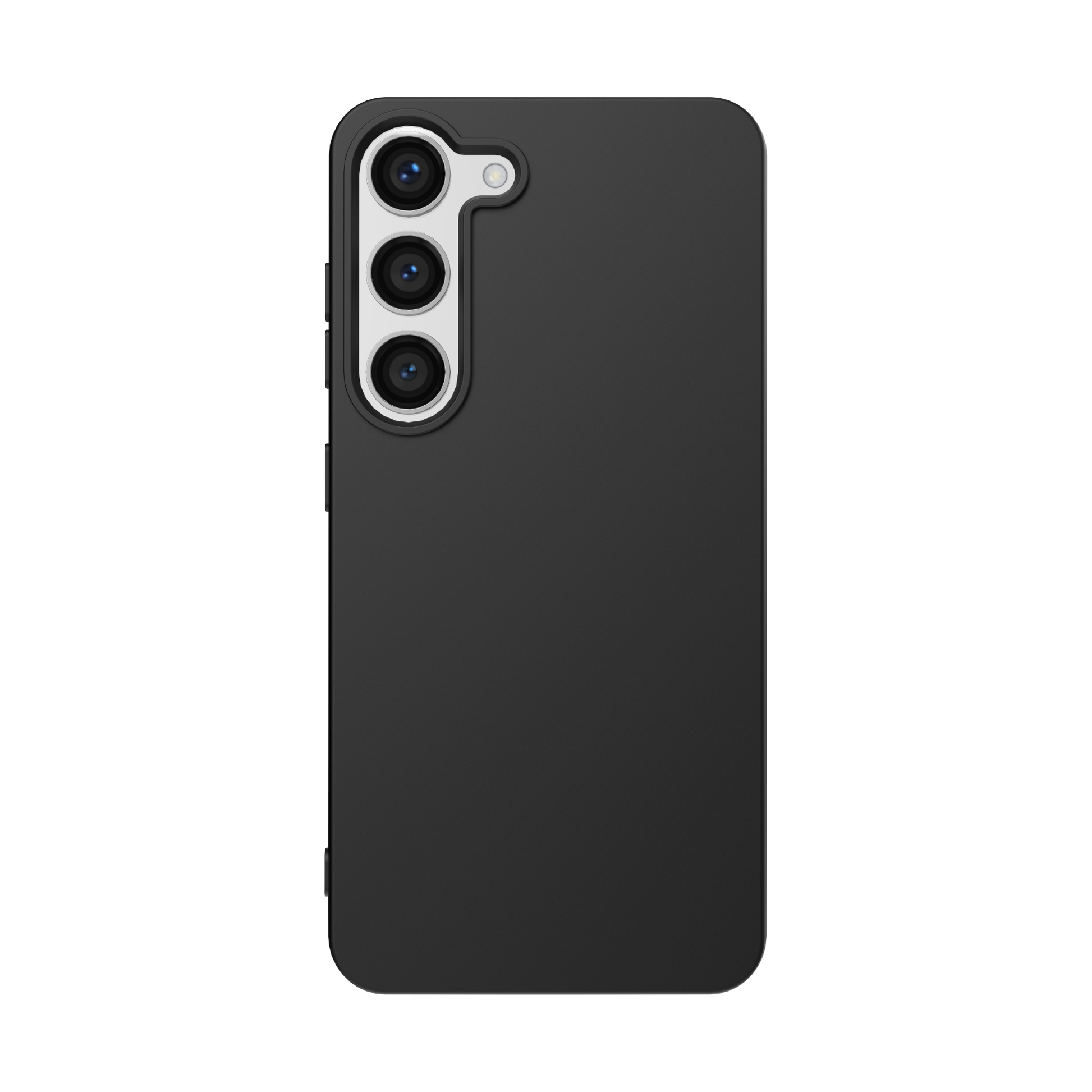 A black, solid color Samsung phone case with a raised rim  design  and a textured matte surface