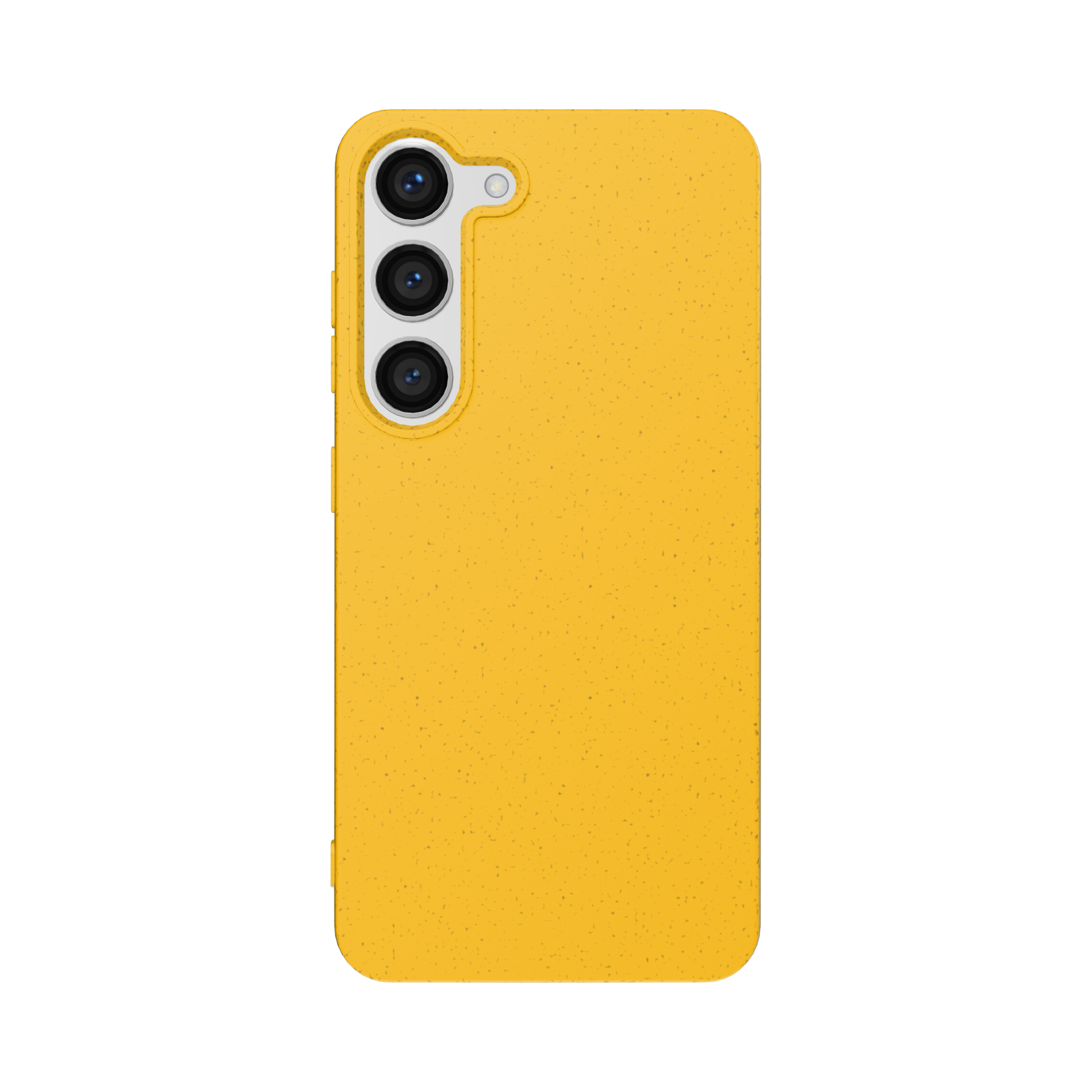A yellow, solid color Samsung phone case with a raised rim  design  and a textured matte surface