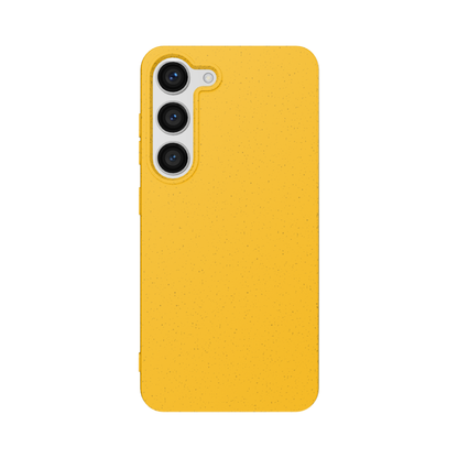A yellow, solid color Samsung phone case with a raised rim  design  and a textured matte surface
