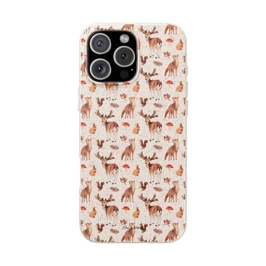 A phone case with a autumn-themed design featuring a fox, a red mushroom, a bird, and deer, squirrel, and rabbit, surrounded by a cascade of leaves.