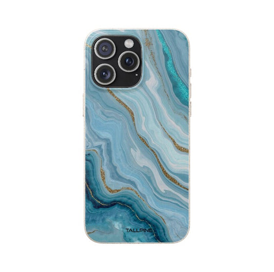 Phone case with blue and gold marble pattern on a white background